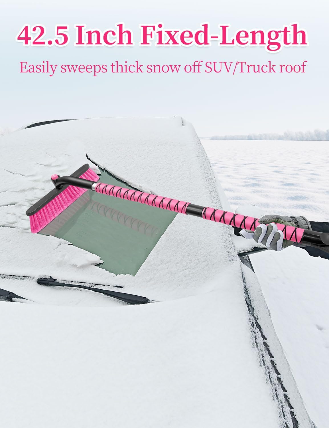 42.5" Snow Brush with 12.6" Wide Head - Portable Ice Scraper, Pink