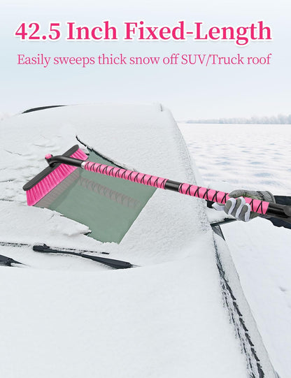42.5" Snow Brush with 12.6" Wide Head - Portable Ice Scraper, Pink