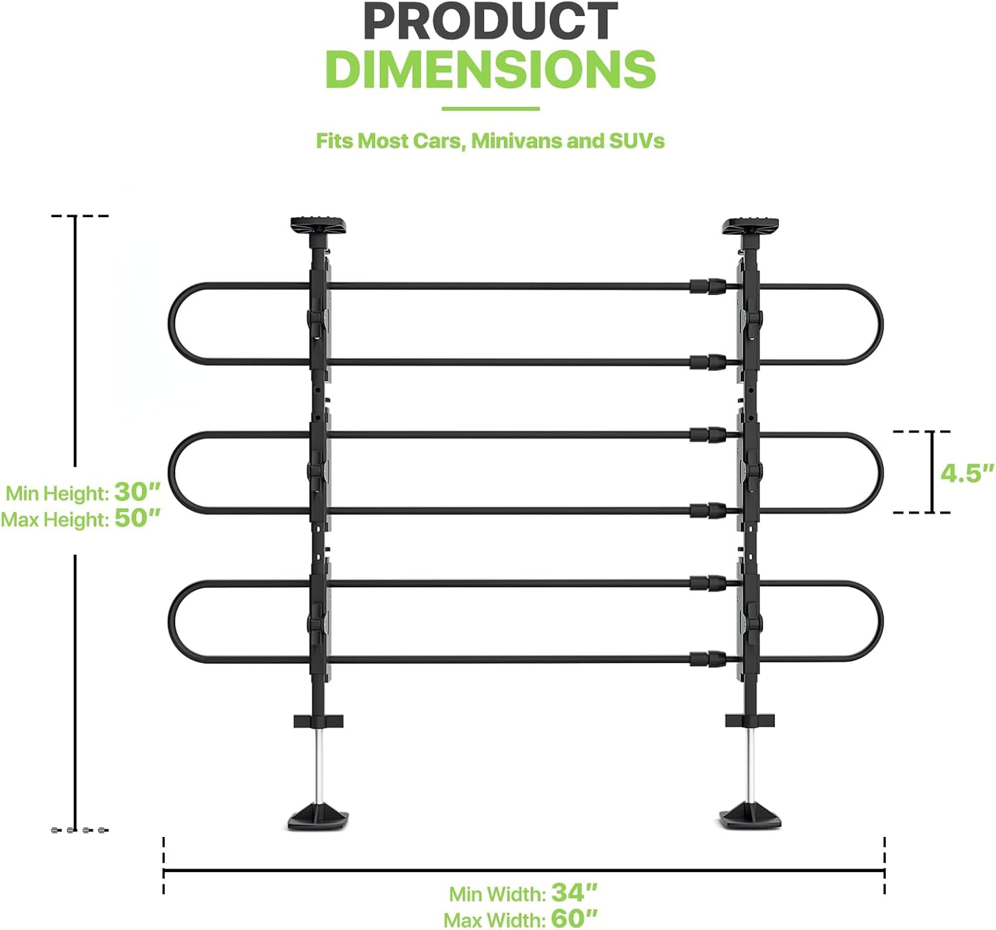 Adjustable Dog Barrier 34"-60"W x 30"-50"H - Strong Metal Tubing for SUV/Car/Truck/Minivan (Black)