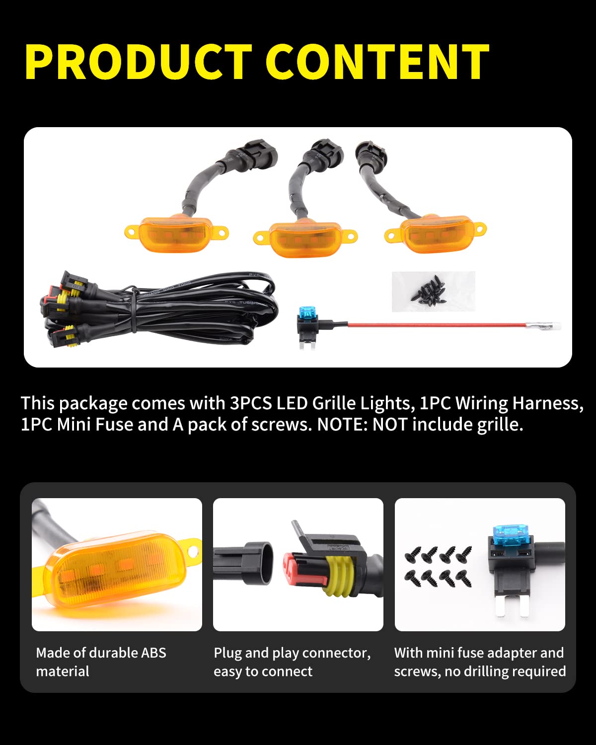 3-PCS Amber Raptor Grille Lights Kit for 2004-2019 Ford F-150 & 2013-2018 Ram 1500 - with Harness & Fuse
