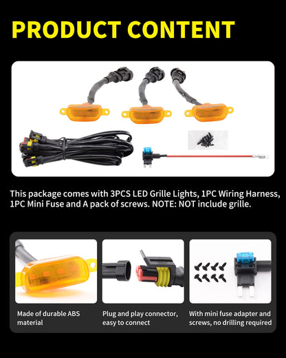 3-PCS Amber Raptor Grille Lights Kit for 2004-2019 Ford F-150 & 2013-2018 Ram 1500 - with Harness & Fuse