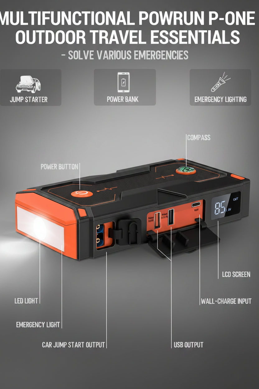P-ONE 2000A Jump Starter for 8.0L Gas/6.5L Diesel - Portable Box with Case (Orange)