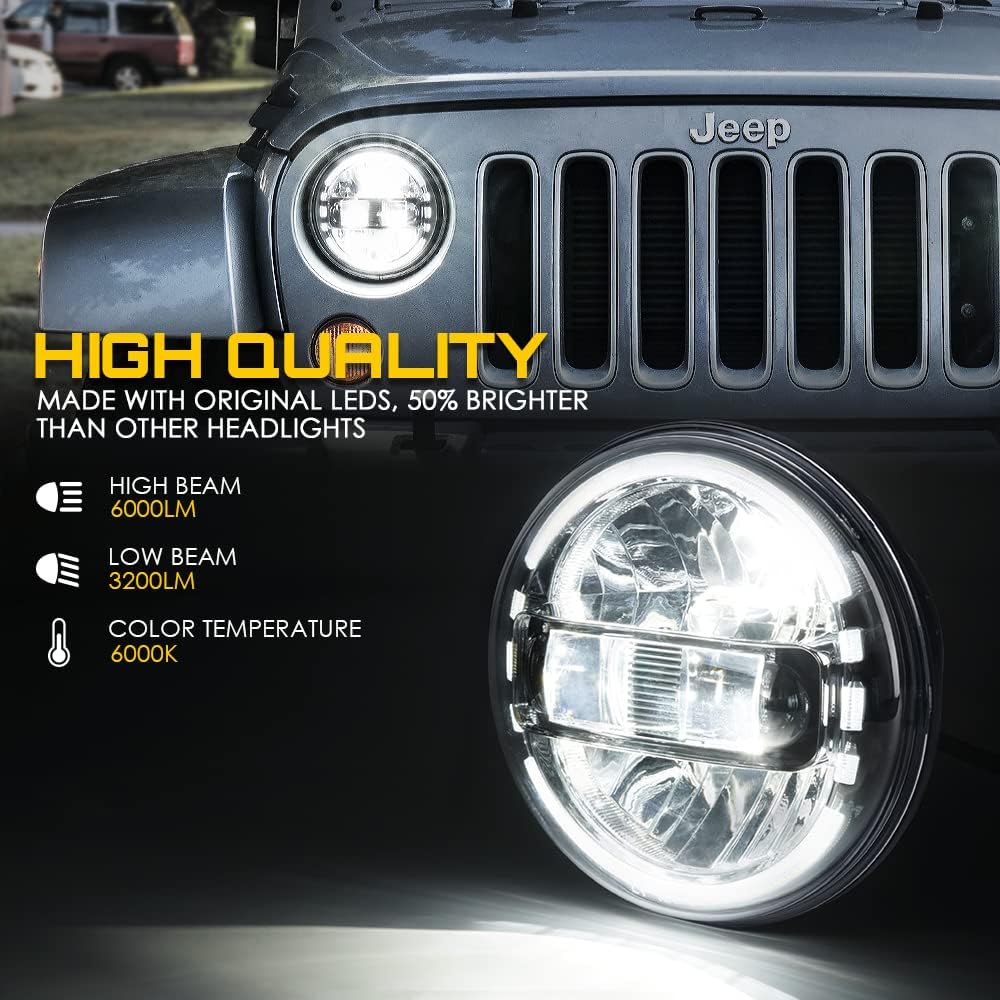 7" LED Round Headlights Compatible with 1997-2018 Jeep Wrangler JK JKU LJ CJ TJ Hummer H1 H2, Halo Ring Headlamps DOT Approved, High/Low Sealed Beam, Plug & Play, Black