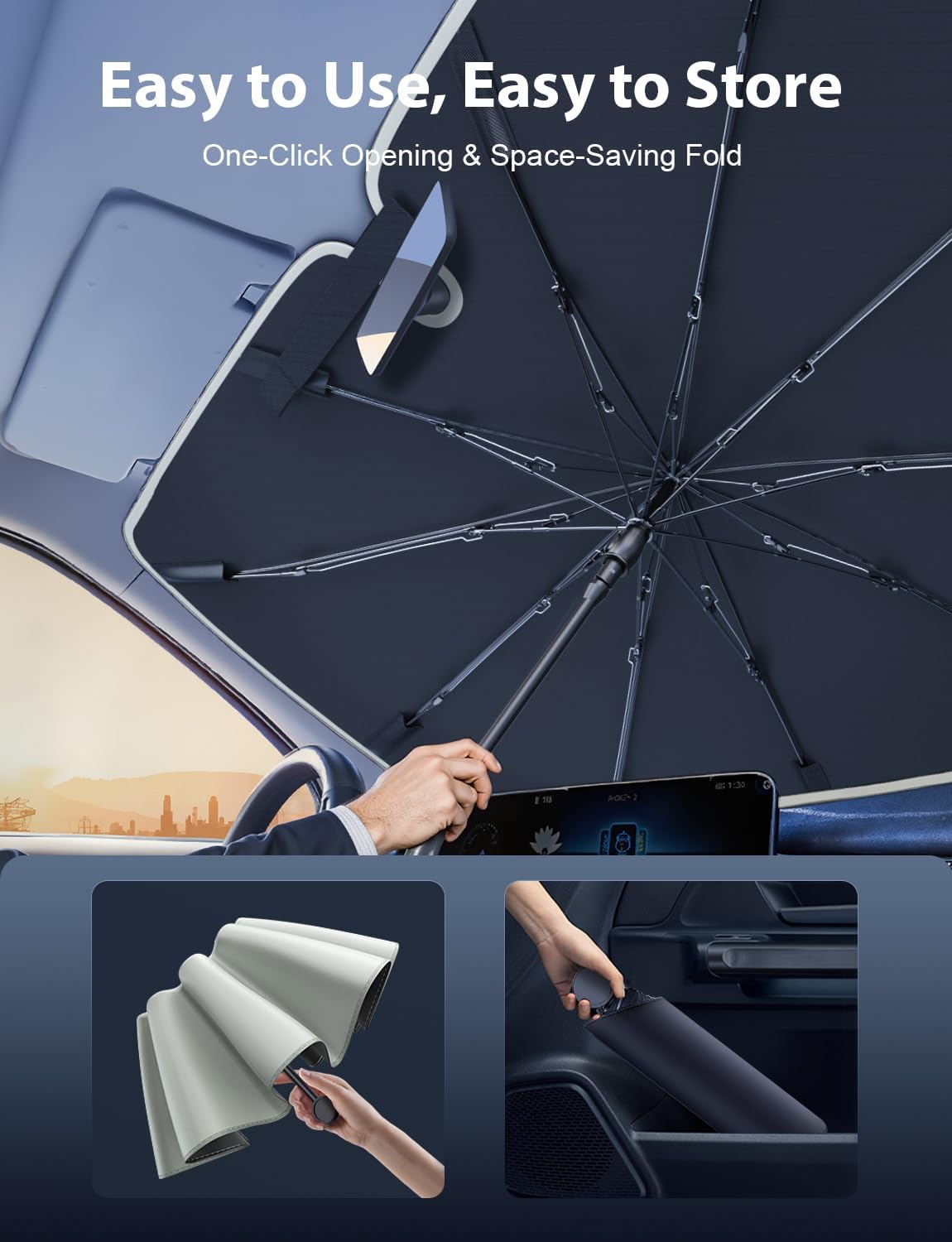 Truck Windshield Umbrella Sun Shade - Ice Crystal Coating, 99.9% UV/Heat Block for F-150/Silverado/Tundra/RAM/Sierra