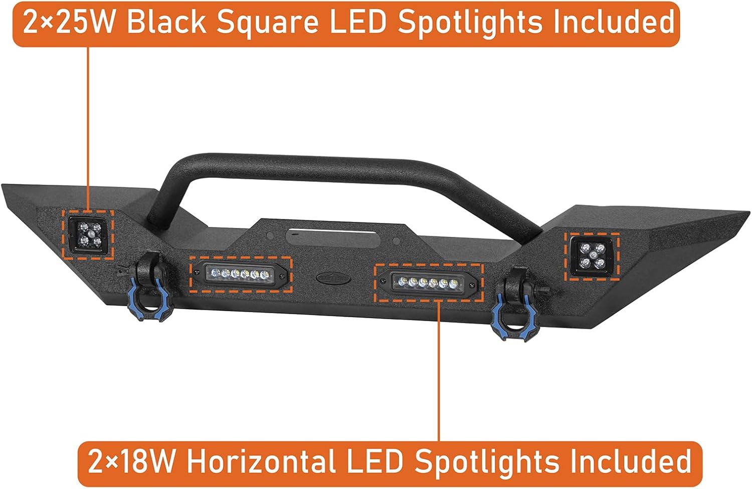 Hooke Road Sturdy Front Bumper for Jeep Gladiator JT (2020-2025) & Wrangler JK JL (2007-2025), Offroad Steel Bumper with Bright Lights D-rings and Built-in Winch Plate