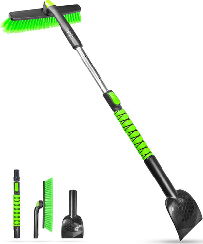 45" Extendable Snow Brush with Wide Ice Scraper - 360° Pivot, Green