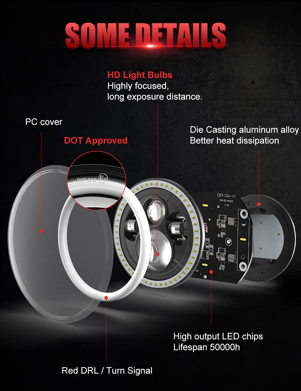 2PCS 7" Red Halo LED Headlights - Hi/Lo/Amber Signal, DOT Approved, H6024 Fit