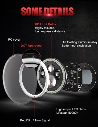 2PCS 7" Red Halo LED Headlights - Hi/Lo/Amber Signal, DOT Approved, H6024 Fit