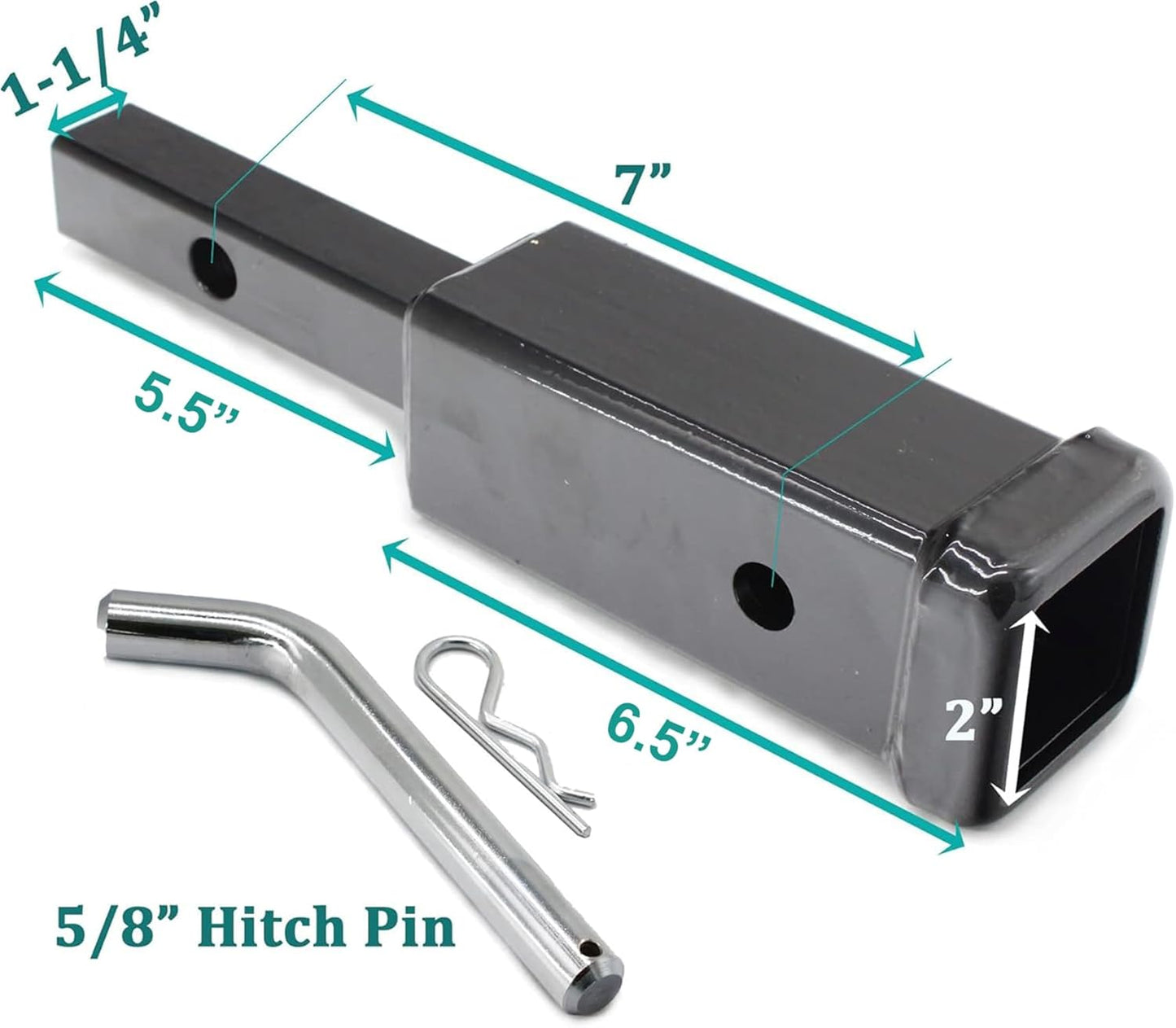 1-1/4" to 2" Hitch Adapter Receiver - 7" Extension, 350 lb Tongue Weight, Includes 5/8" Pin