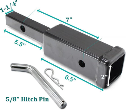 1-1/4" to 2" Hitch Adapter Receiver - 7" Extension, 350 lb Tongue Weight, Includes 5/8" Pin