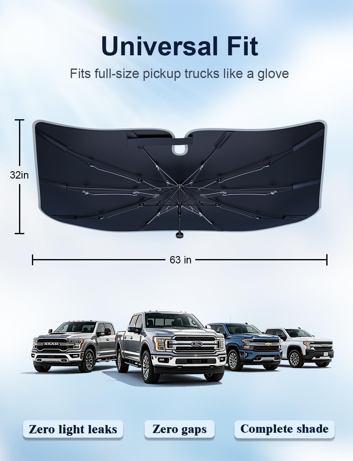 Truck Windshield Umbrella Sun Shade - Ice Crystal Coating, 99.9% UV/Heat Block for F-150/Silverado/Tundra/RAM/Sierra