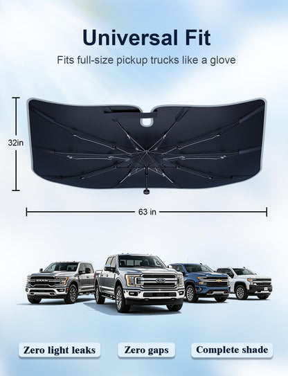 Truck Windshield Umbrella Sun Shade - Ice Crystal Coating, 99.9% UV/Heat Block for F-150/Silverado/Tundra/RAM/Sierra