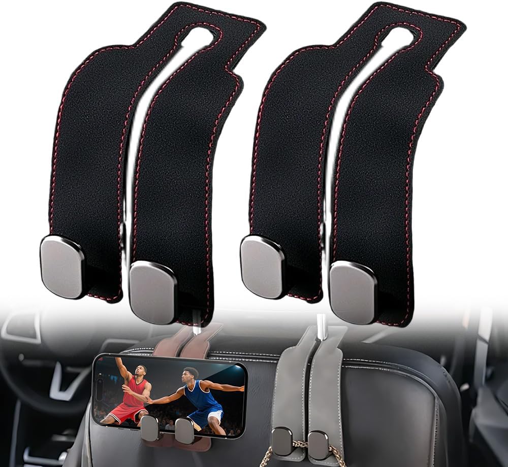 Twin Leather Headrest Hooks (2-Pack) for Bags & Purses - Car Seat Organizers (Black)