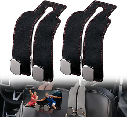 Twin Leather Headrest Hooks (2-Pack) for Bags & Purses - Car Seat Organizers (Black)