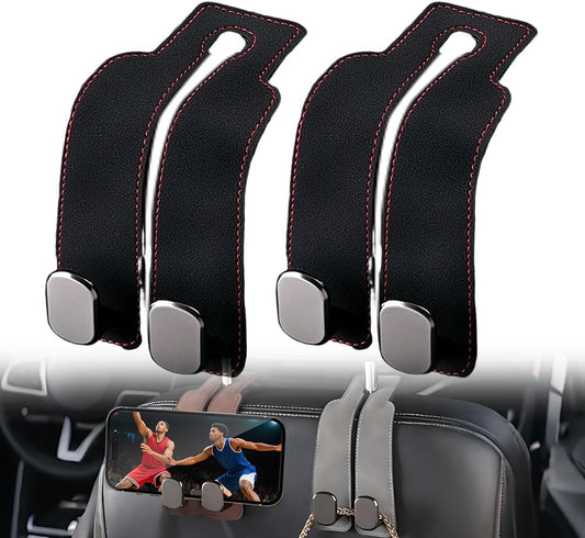 Twin Leather Headrest Hooks (2-Pack) for Bags & Purses - Car Seat Organizers (Black)