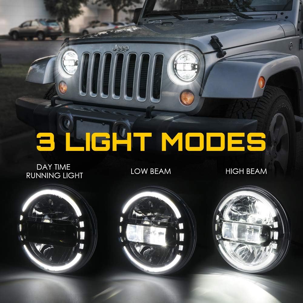 7" LED Round Headlights Compatible with 1997-2018 Jeep Wrangler JK JKU LJ CJ TJ Hummer H1 H2, Halo Ring Headlamps DOT Approved, High/Low Sealed Beam, Plug & Play, Black