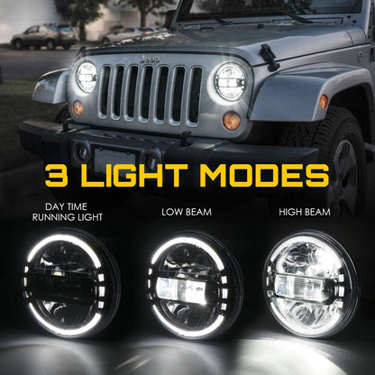 7" LED Round Headlights Compatible with 1997-2018 Jeep Wrangler JK JKU LJ CJ TJ Hummer H1 H2, Halo Ring Headlamps DOT Approved, High/Low Sealed Beam, Plug & Play, Black