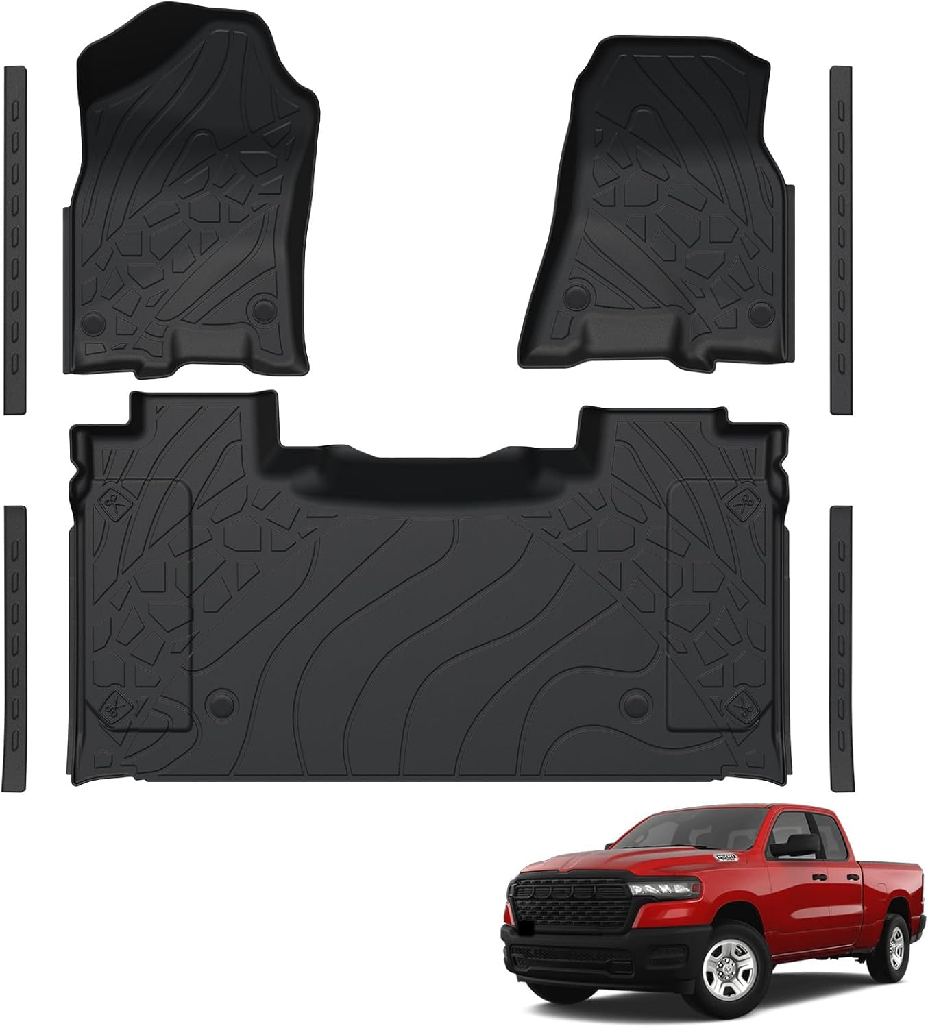 Car Floor Mats Fit for Dodge Ram 1500 Crew Cab 2019-2024 New Body (NOT Classic Models) Rear Row with Under-seat Storage, All Weather Truck Floor Liners Front & 2nd & Door Sill Guards Black Accessories