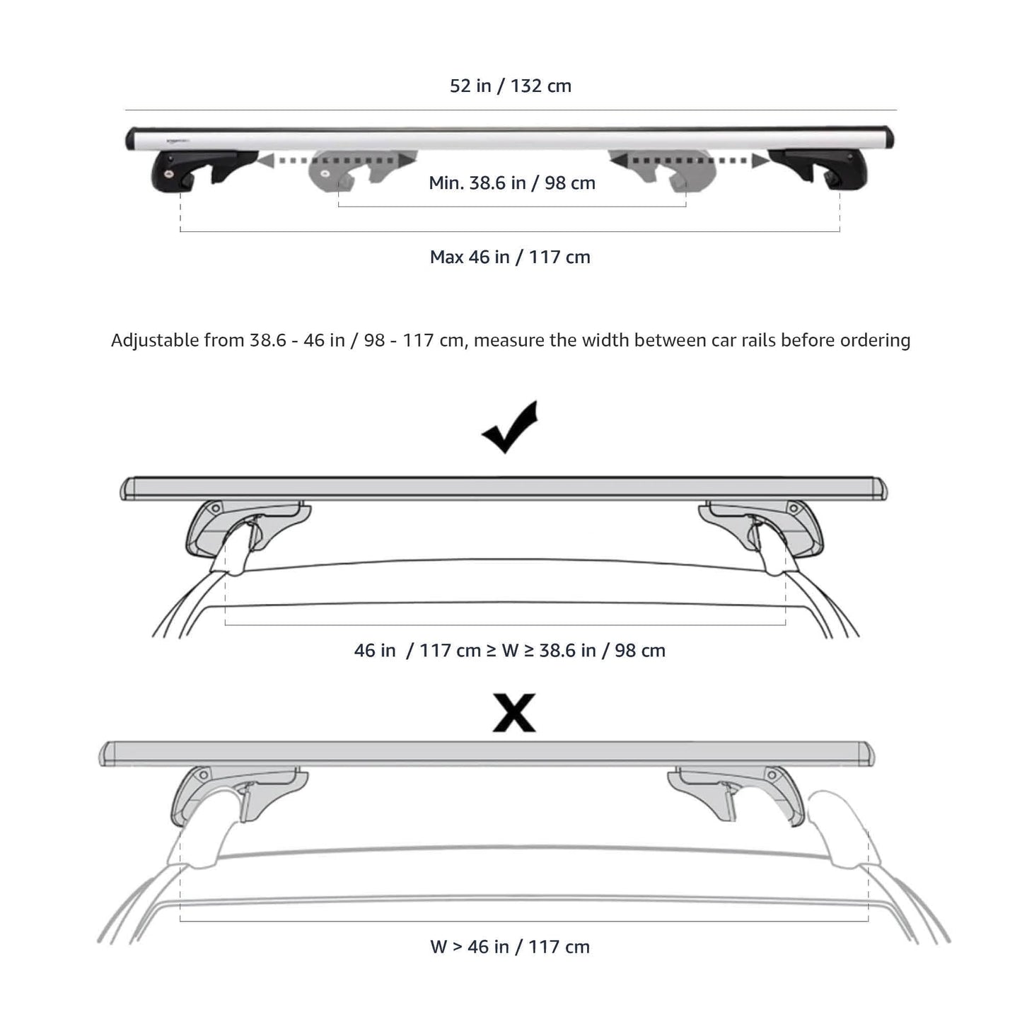 52" Cross Rail Roof Rack (2-Pack) - Fits Up to 46" Span, Black/Silver