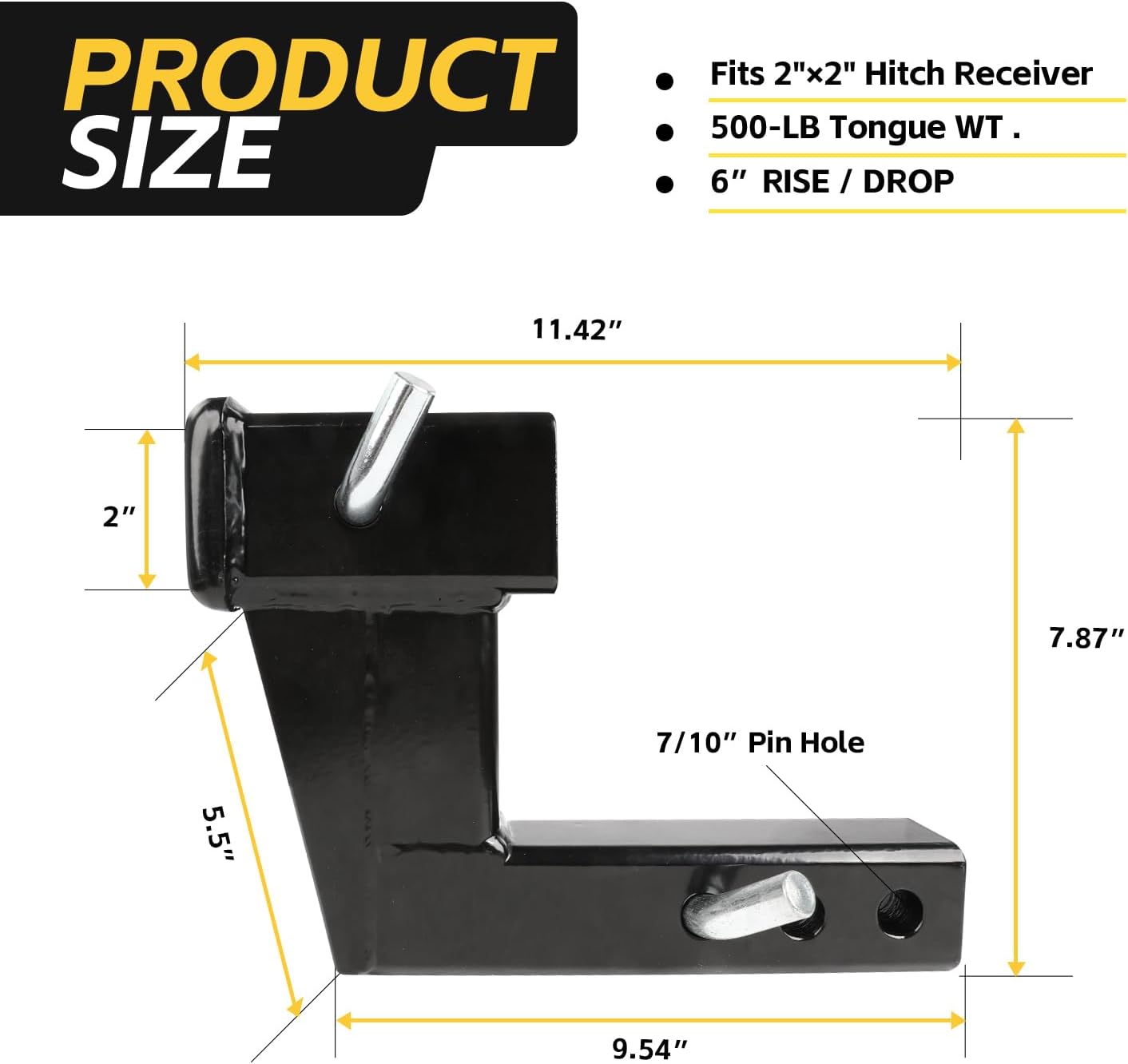 6" Rise/Drop Hitch Riser for 2" Receivers - 500 lb Tongue Weight, Solid Steel, Triple Pin Holes (50909)