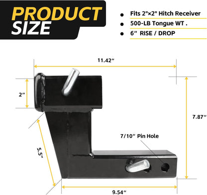 6" Rise/Drop Hitch Riser for 2" Receivers - 500 lb Tongue Weight, Solid Steel, Triple Pin Holes (50909)