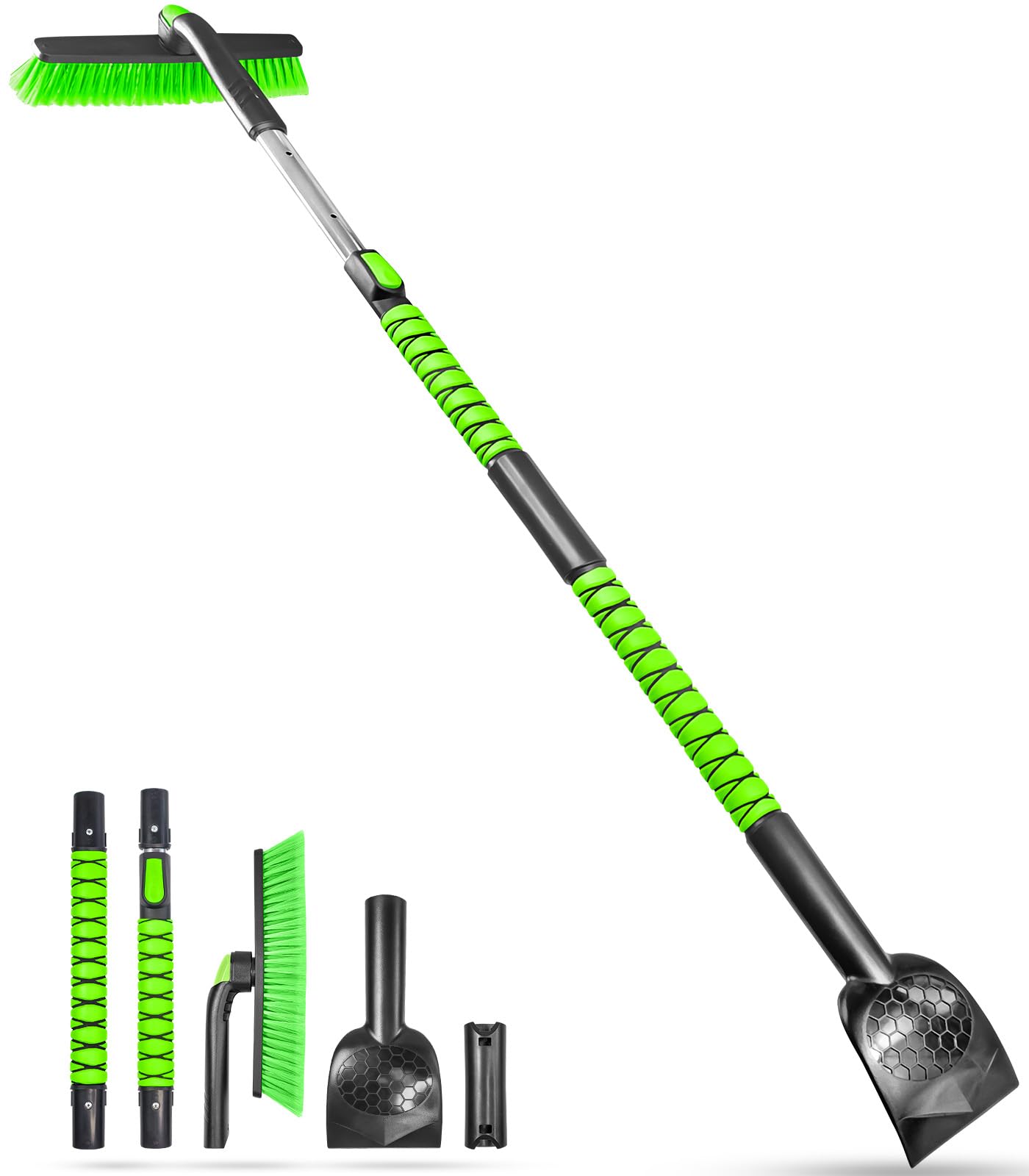 45" Extendable Snow Brush with Wide Ice Scraper - 360° Pivot, Green