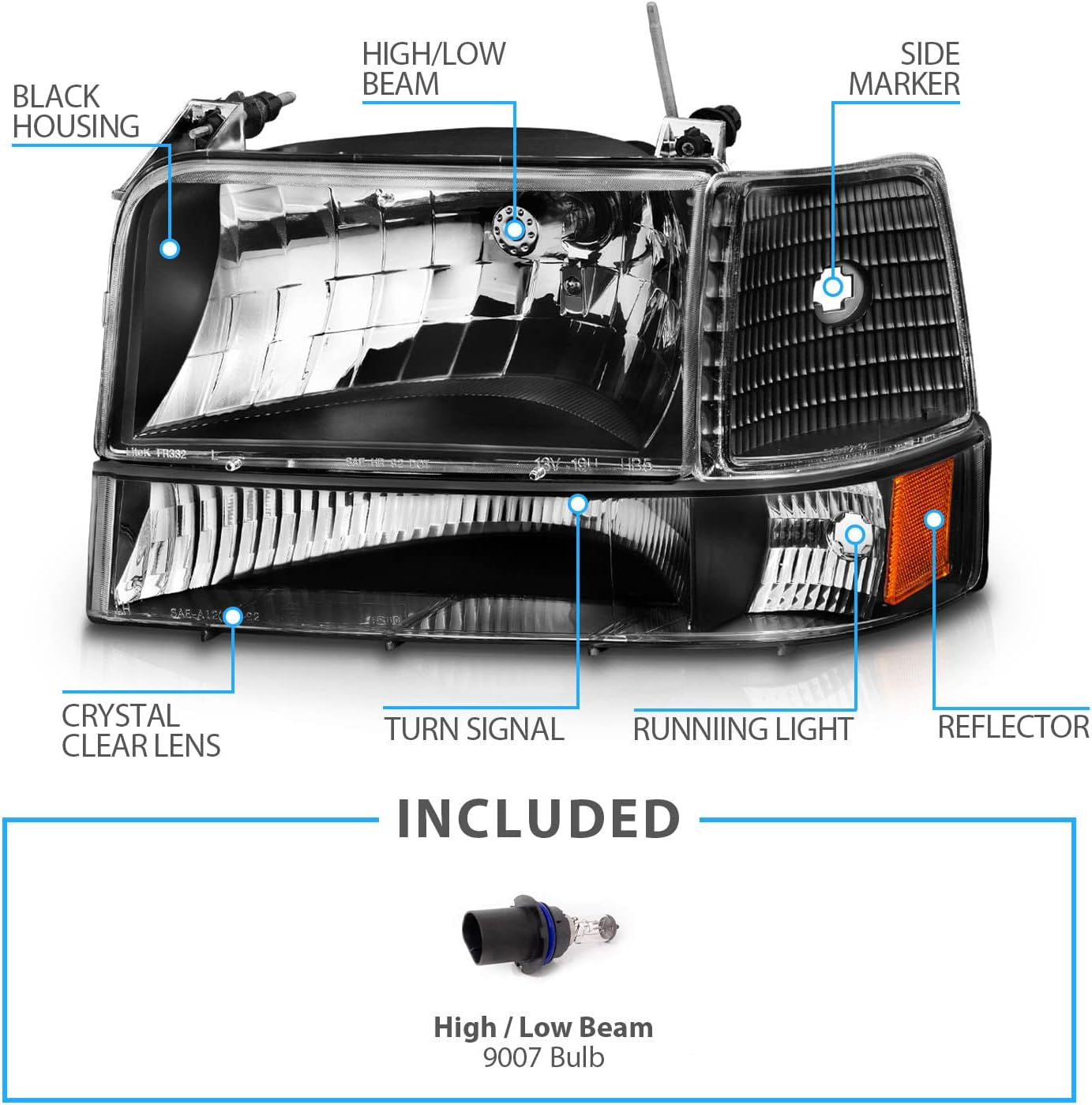 Headlight Assembly w/Bumper Corner Lamp Set for 1992-1996 Ford F150 F250 F350 Bronco Truck