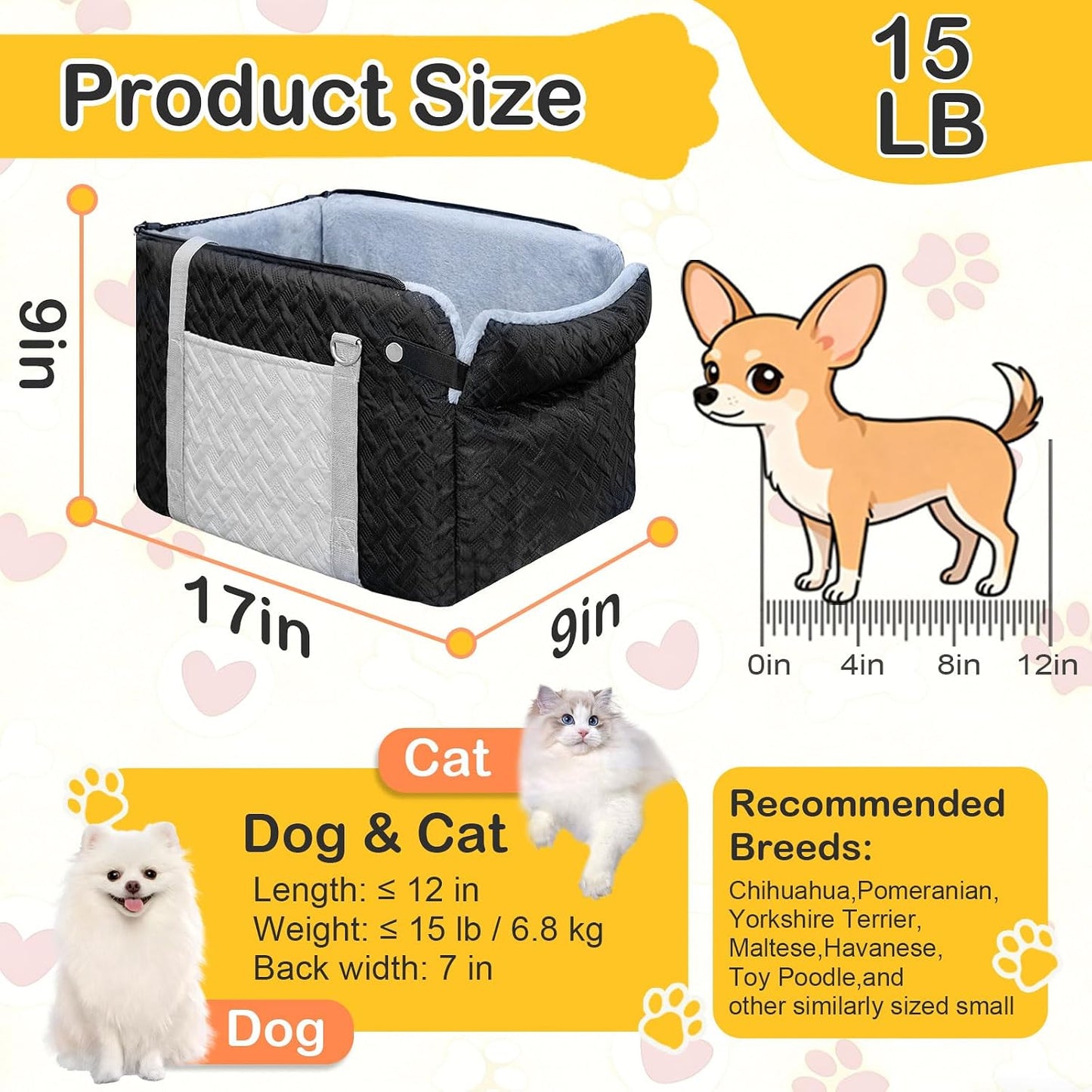Center Console Dog Booster Seat - Safety Net, 0-15 lbs for Small Pets/Puppies/Cats