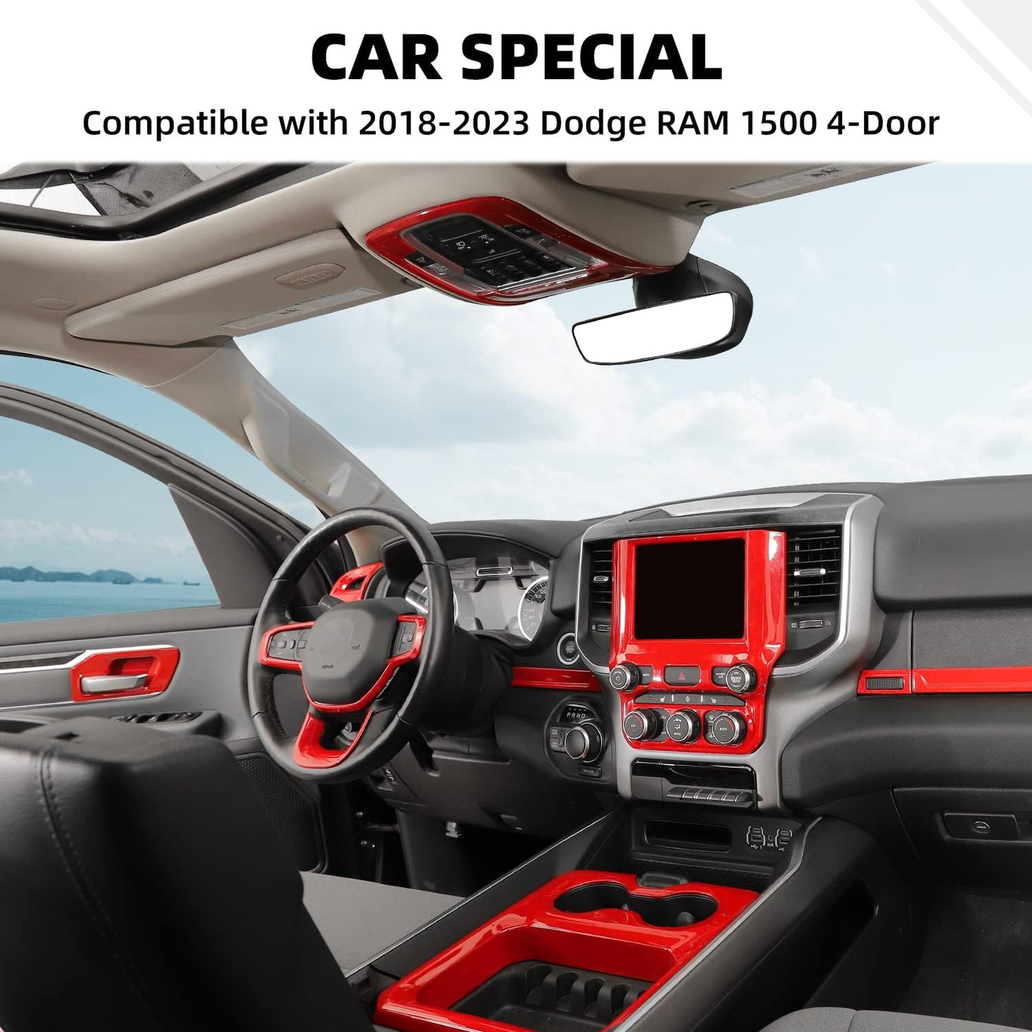 27Pcs Interior Trim Kit Cover Compatible with 2018-2025 Dodge RAM 1500 4-Door,Cup Holder Door Handle Dashboard Panel Roof Reading Light Side Outlet Cover Trim(Red)