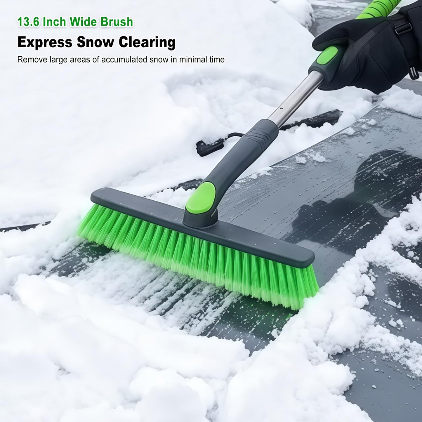 45" Extendable Snow Brush with Wide Ice Scraper - 360° Pivot, Green