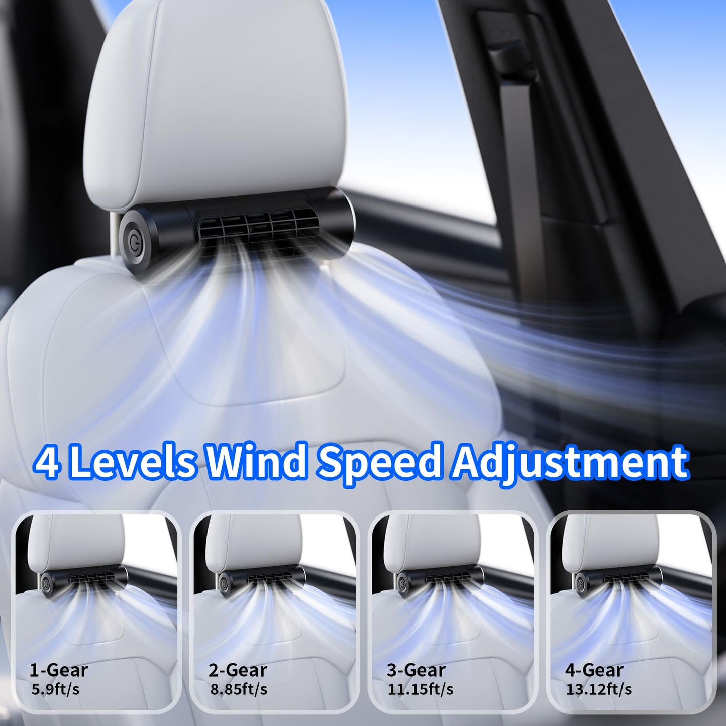 Portable 10000mAh Car Fan, 4-Speed Rechargeable for Backseat Cooling