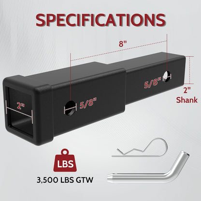 8" Hitch Extender for 2" Receiver - Increases Spare Tire/Tailgate Clearance