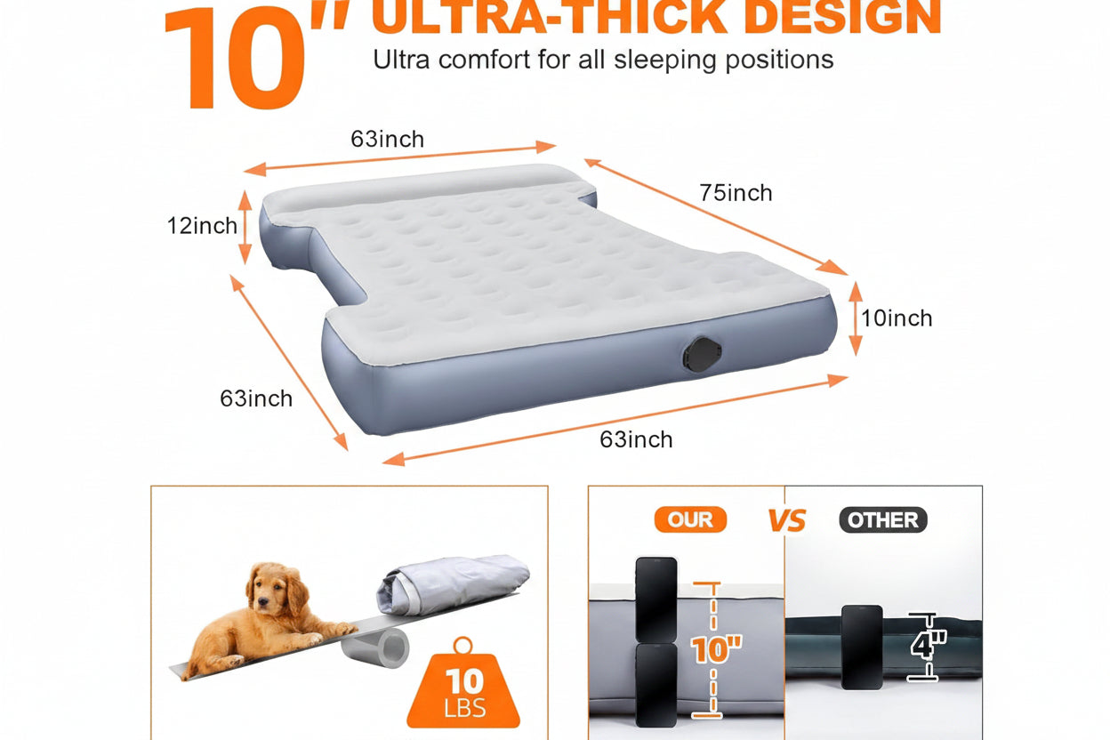 Inflatable Truck Bed Mattress for 6-6.5ft Short Beds - Full Size, w/Wireless Rechargeable Air Pump