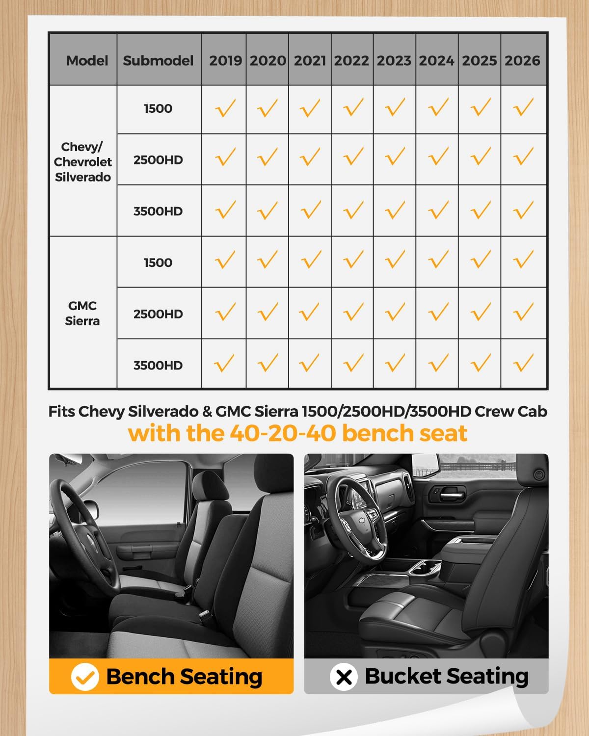 TPE All-Weather Floor Mats for 2019-2026 Chevy/GMC Crew Cab w/40-20-40 Bench Seat