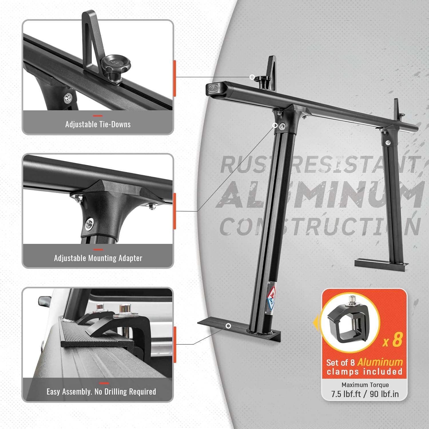 AA-Racks Model APX25-Lite Extendable Aluminum Truck Ladder Rack Adjustable Pick-Up Ladder Rack (No Drilling Required) - Black