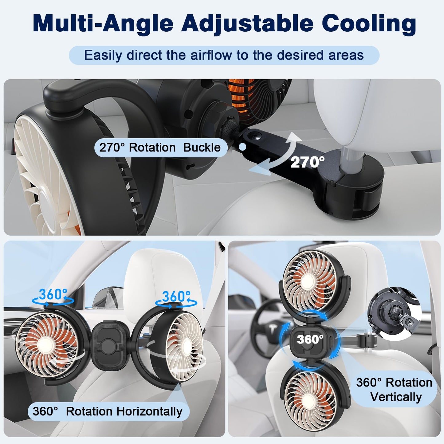 Kids' Backseat Car Fan: USB, 3 Speeds, 360° Rotatable Cooler