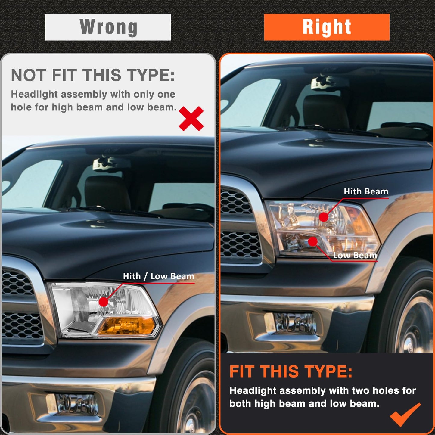 Chrome Headlight Assembly for 2009-2018 Ram 1500 & 2010-2018 Ram 2500/3500 - Amber Reflector, Left+Right