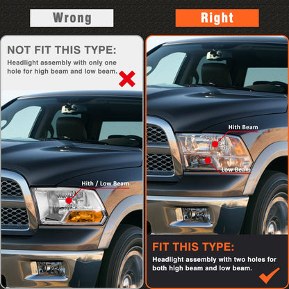 Chrome Headlight Assembly for 2009-2018 Ram 1500 & 2010-2018 Ram 2500/3500 - Amber Reflector, Left+Right
