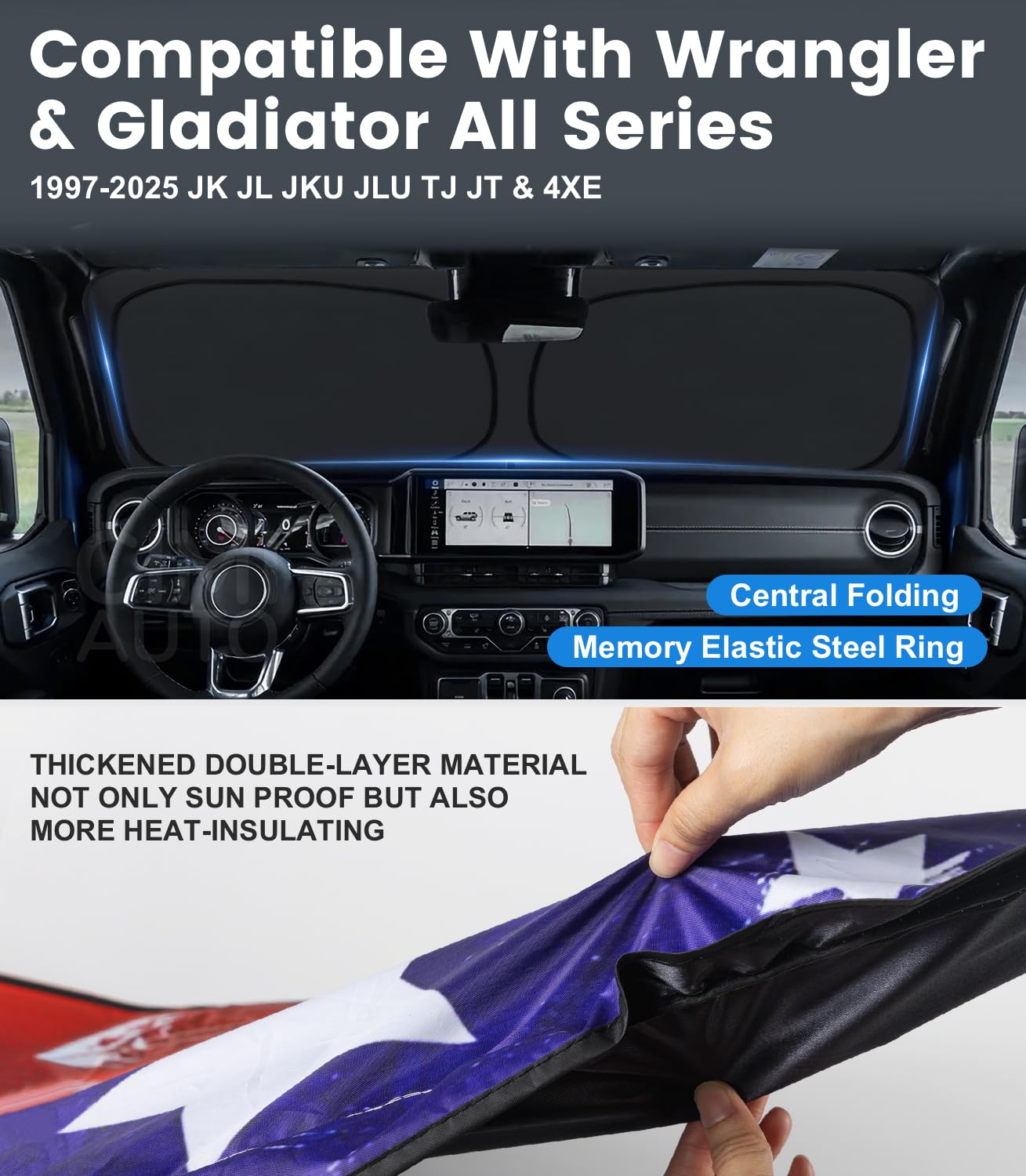 USA Flag Windshield Sun Shade for 1997-2025 Jeep Wrangler & Gladiator - UV Protection
