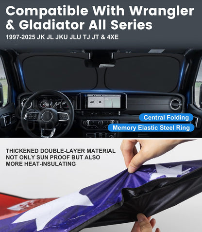 USA Flag Windshield Sun Shade for 1997-2025 Jeep Wrangler & Gladiator - UV Protection