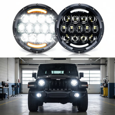 105W 7" LED Headlights - DOT Approved with Hi/Lo/DRL/Signals, Includes Adapters