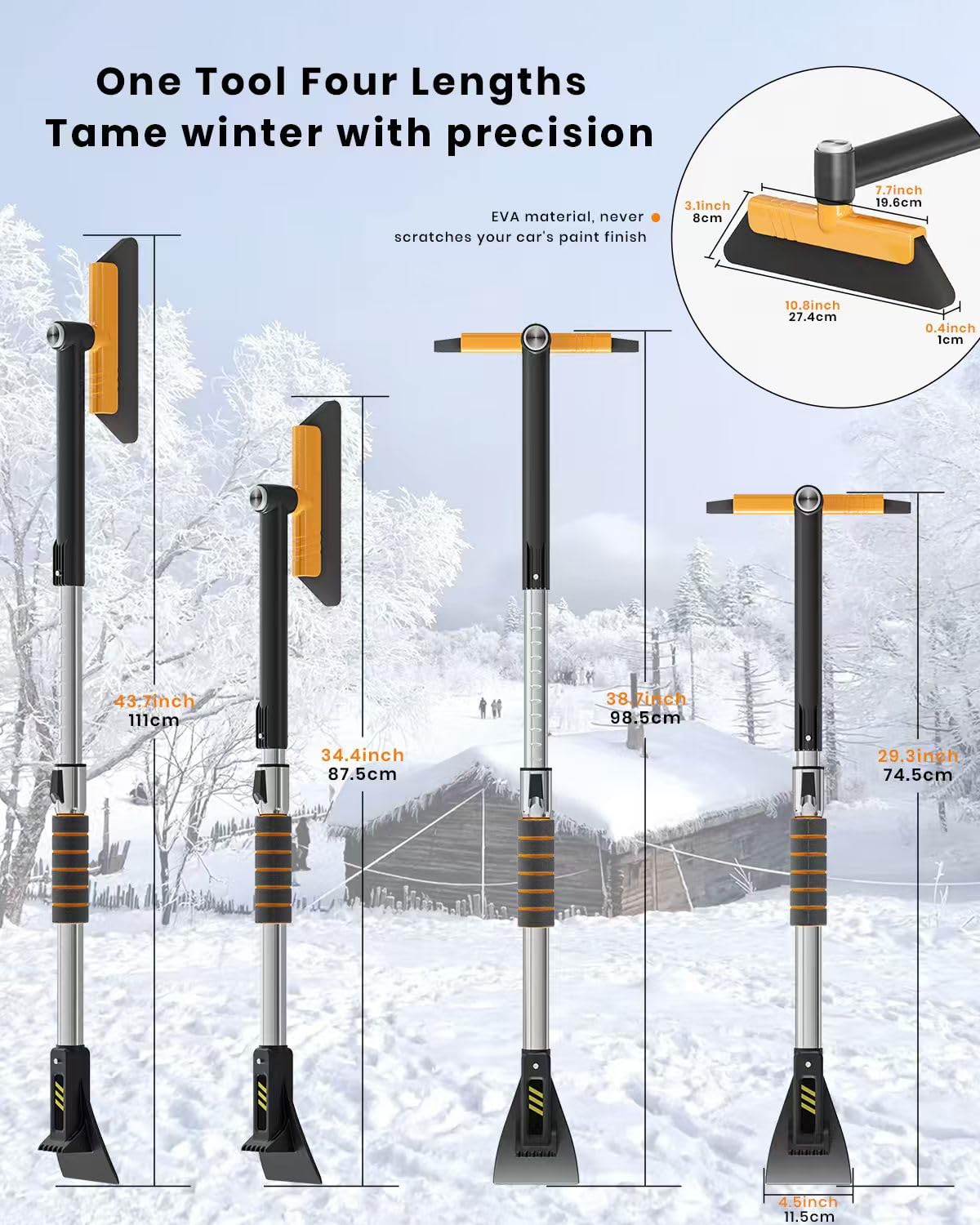 43.7" Extendable Ice Scraper with 360° Pivoting Brush - 12 Length Settings, Orange