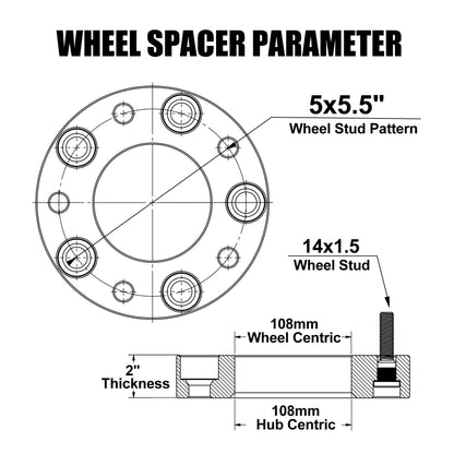 2" Hubcentric Wheel Spacers 5x139.7 for 2012-2018 Ram 1500 - M14x1.5 Studs, 108mm Bore