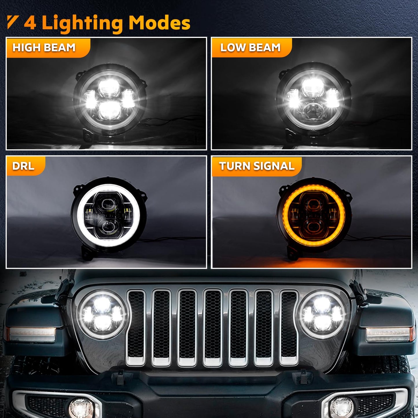 9" Round LED Headlight: DRL, Hi/Lo Beam, Amber Turn Signal