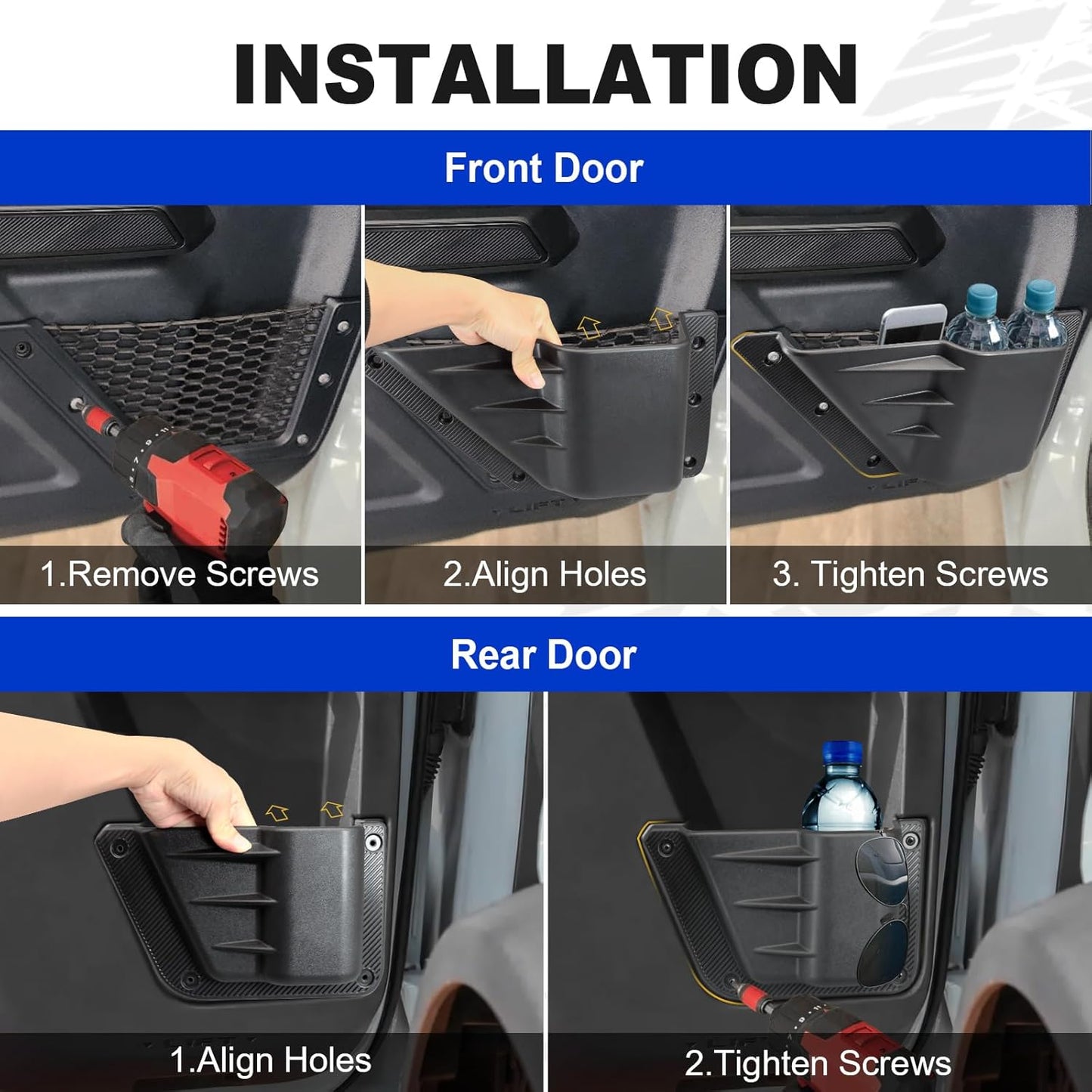 4-PCS Door Storage Pockets for 2021-2025 Ford Bronco 4-Door - Front & Rear Organizer with Cup Holder (Excludes Sport)