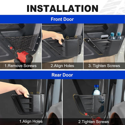 4-PCS Door Storage Pockets for 2021-2025 Ford Bronco 4-Door - Front & Rear Organizer with Cup Holder (Excludes Sport)