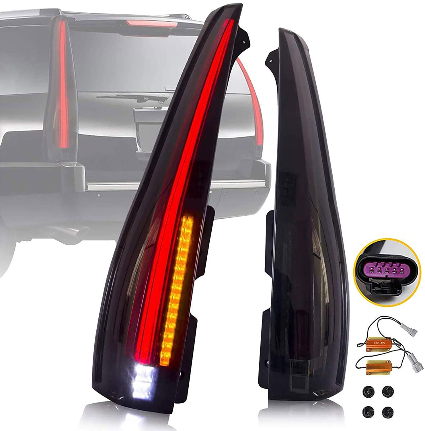 YUANZHENG Full LED Tail Lights Assembly for [GMC Yukon, Chevrolet Tahoe Suburban 3rd Gen SUV 2007-2014 (NO Need Bulbs)] Rear Tail Lamps with Amber Turn Signal, YAB-KLD-0156B (Red)