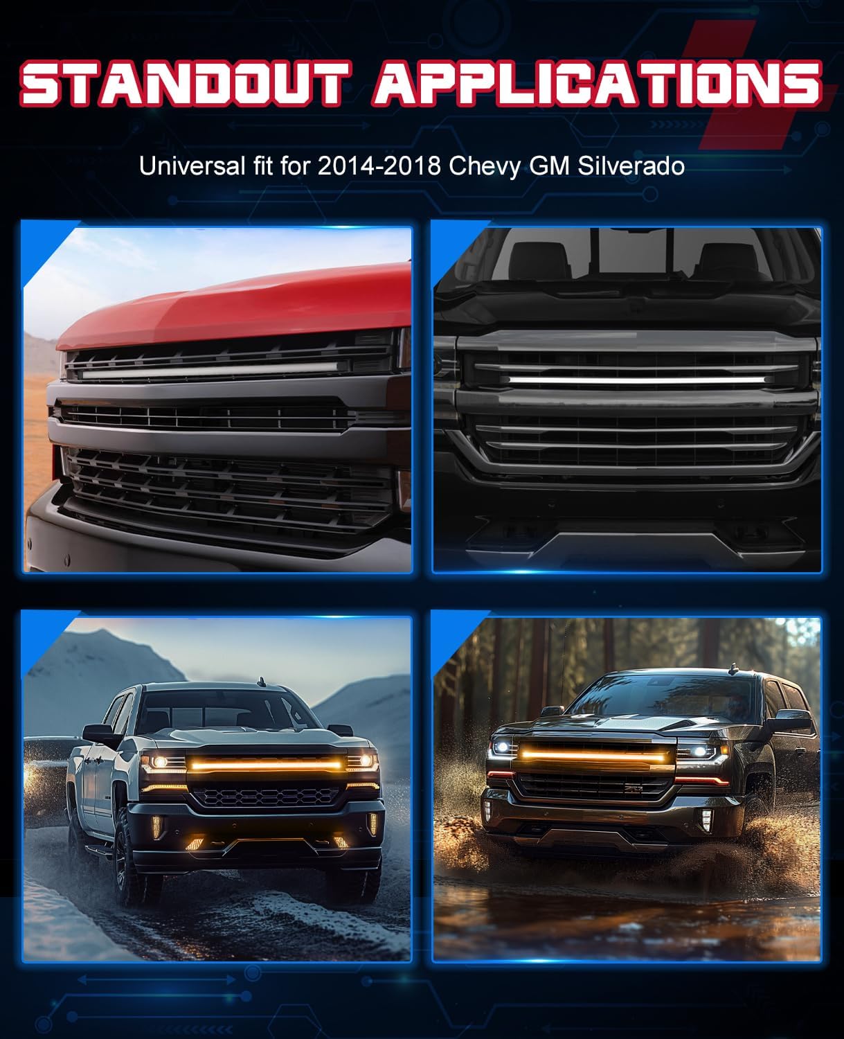 OFFROADTOWN Amber LED Grille Light for 2014-2018 Chevy GM Silverado 37 Inch Curved Amber LED Grille Light Bar Kit DRL Silverado Accessories Warning Lighting Front Grille Mount