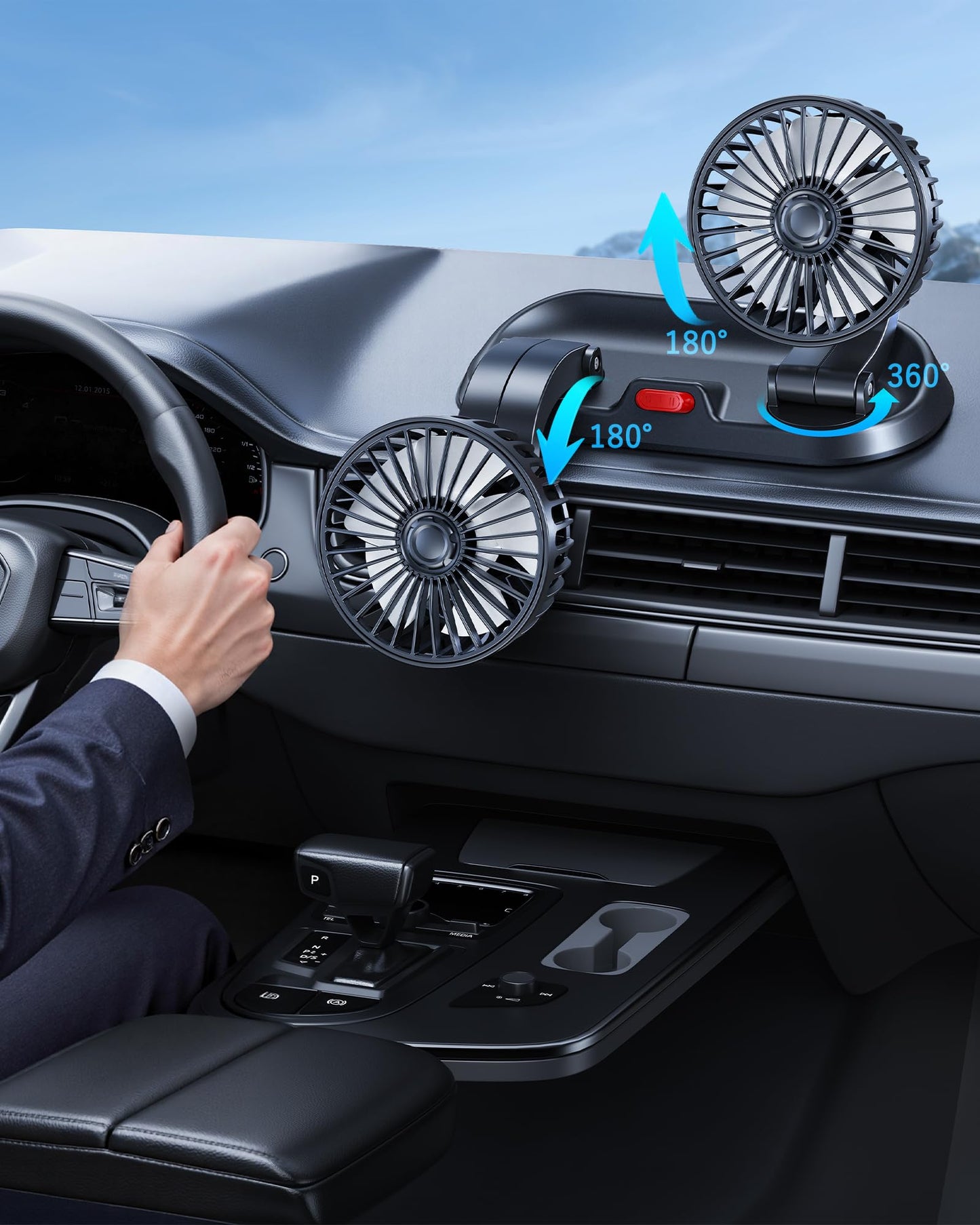 Dual-Head Car Cooling Fan, Powerful Airflow, 360° Rotation