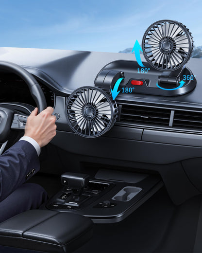 Dual-Head Car Cooling Fan, Powerful Airflow, 360° Rotation
